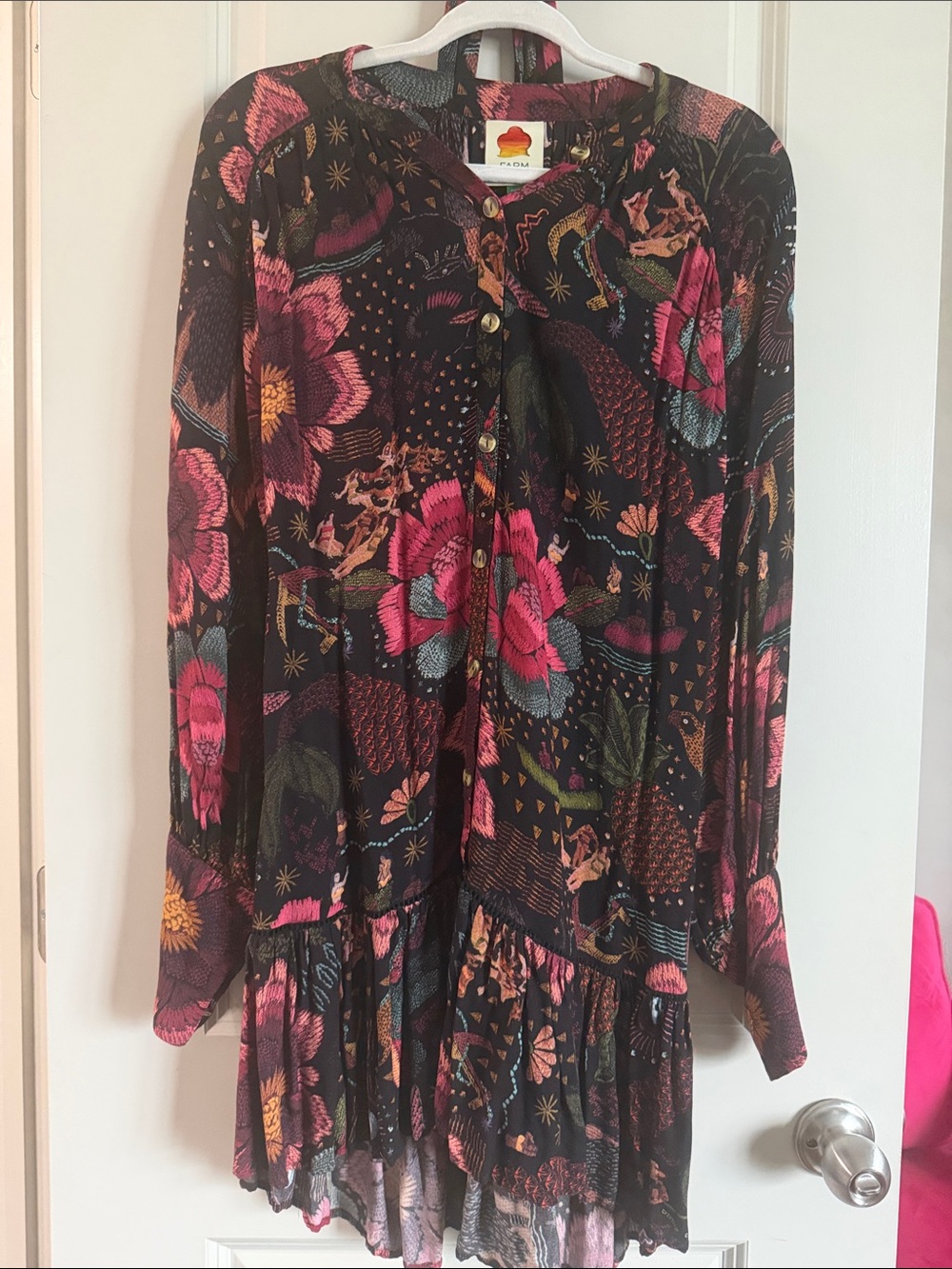 FARM Rio Black Floral Mini Dress with Pink & Green Accents